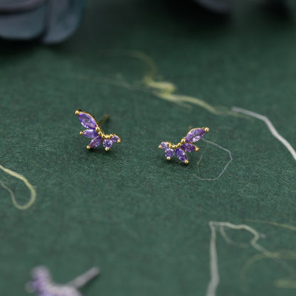 Amethyst Purple CZ Marquise Cluster Stud Earrings in Sterling Silver, Silver or Gold, Marquise Earrings, CZ Wing Earrings, Mini Crawler