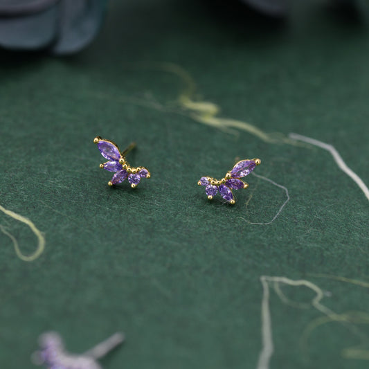 Amethyst Purple CZ Marquise Cluster Stud Earrings in Sterling Silver, Silver or Gold, Marquise Earrings, CZ Wing Earrings, Mini Crawler