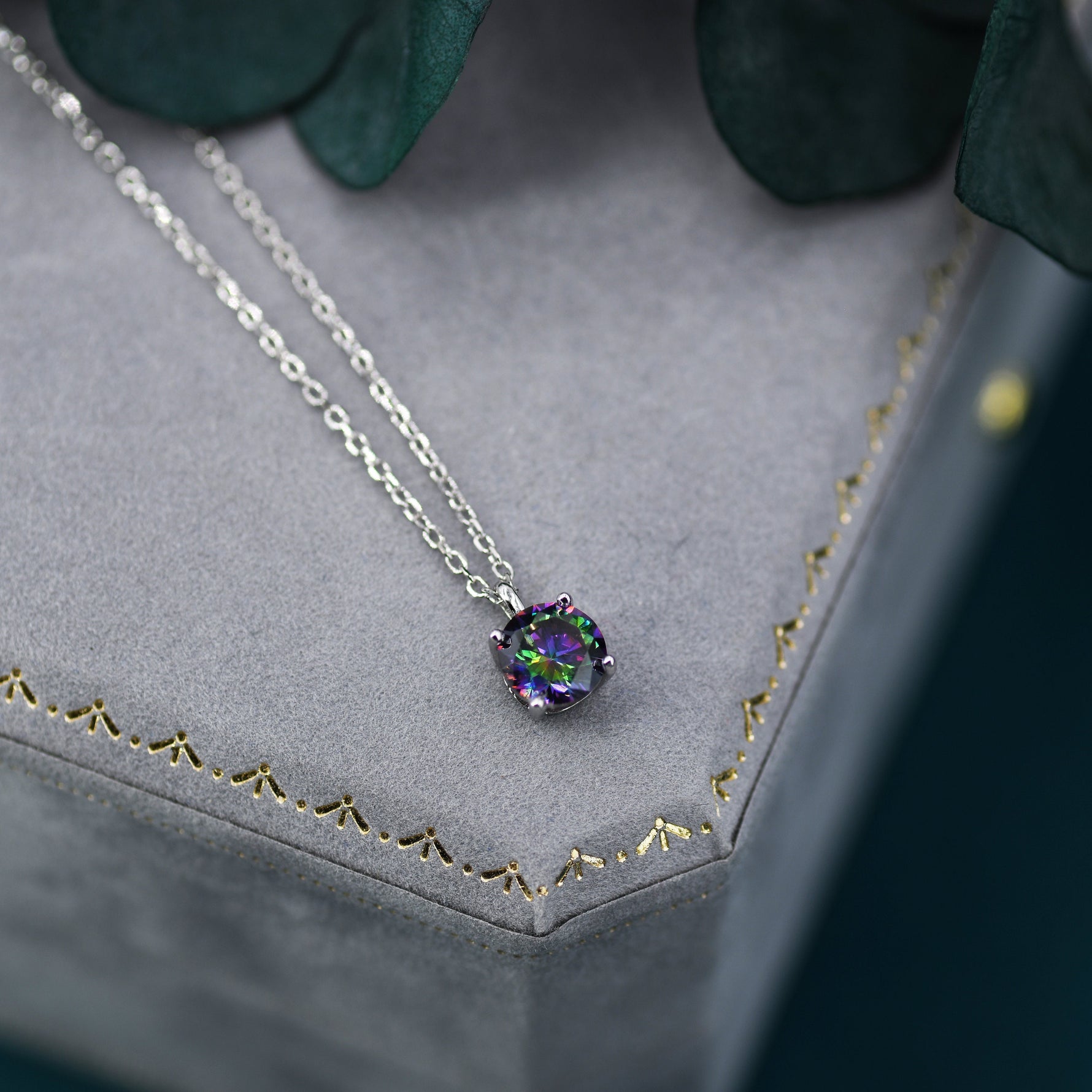 Mystic Black CZ Pendant Necklace in Sterling Silver, 0.5 carat Mystic Topaz Zircon Necklace, Black AB Necklace