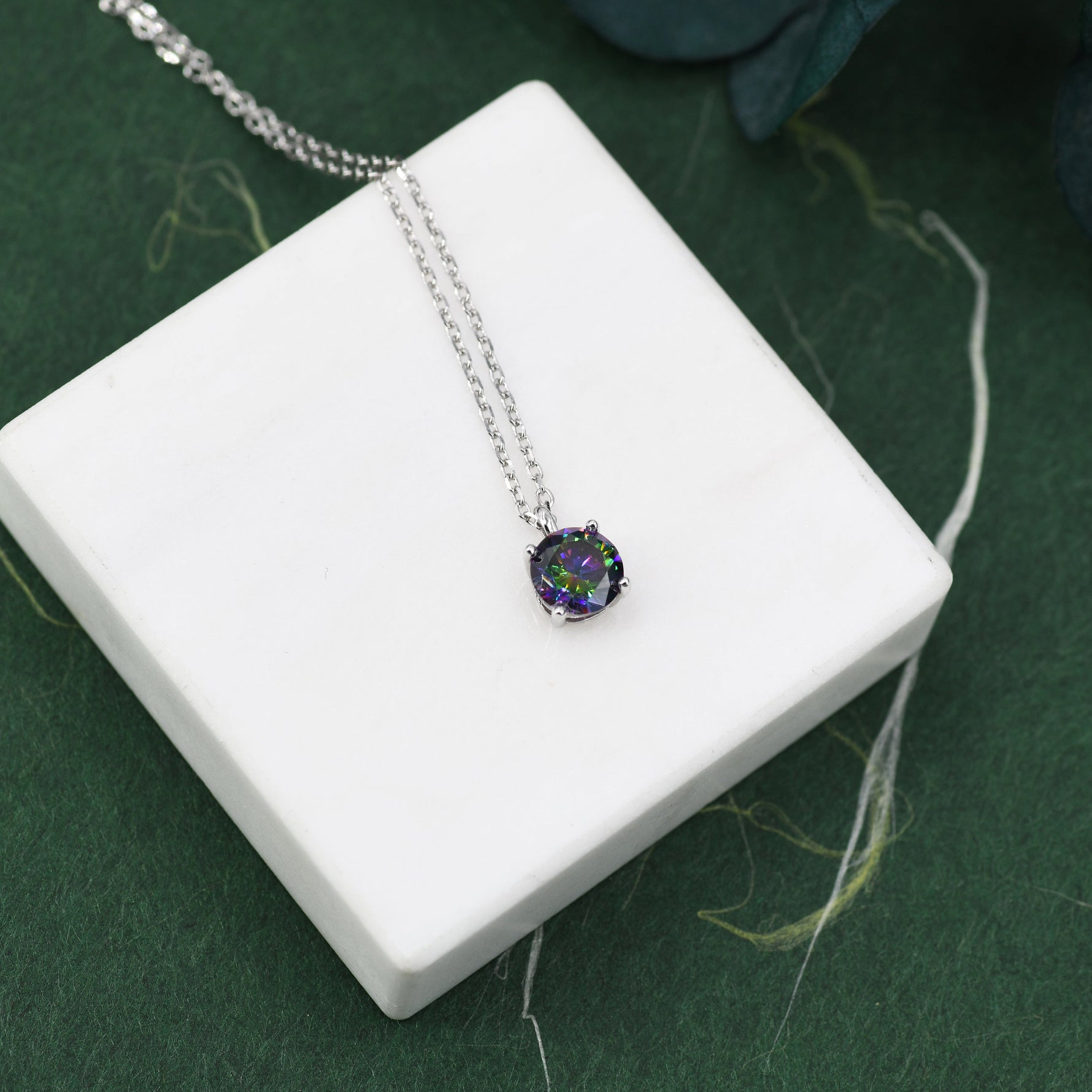 Mystic Black CZ Pendant Necklace in Sterling Silver, 0.5 carat Mystic Topaz Zircon Necklace, Black AB Necklace