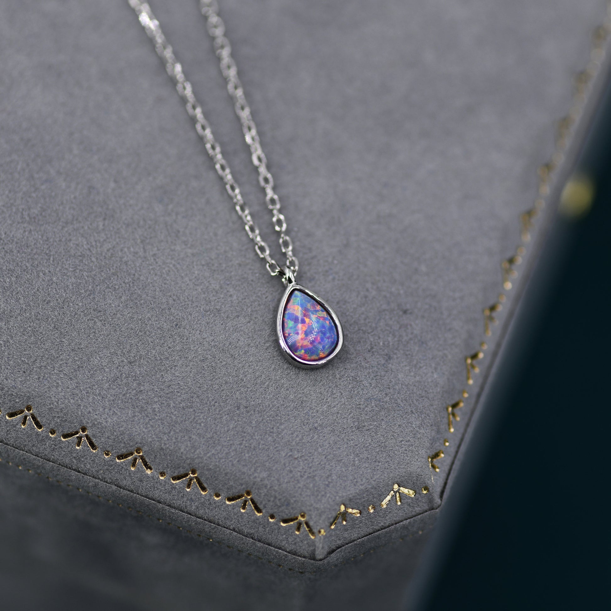 Droplet Purple Opal Pendant Necklace in Sterling Silver, Lab Opal Necklace, Pear Shape Opal Necklace, Fire Opal Necklace