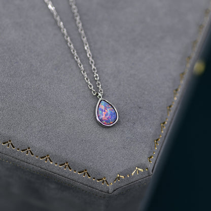 Droplet Purple Opal Pendant Necklace in Sterling Silver, Lab Opal Necklace, Pear Shape Opal Necklace, Fire Opal Necklace