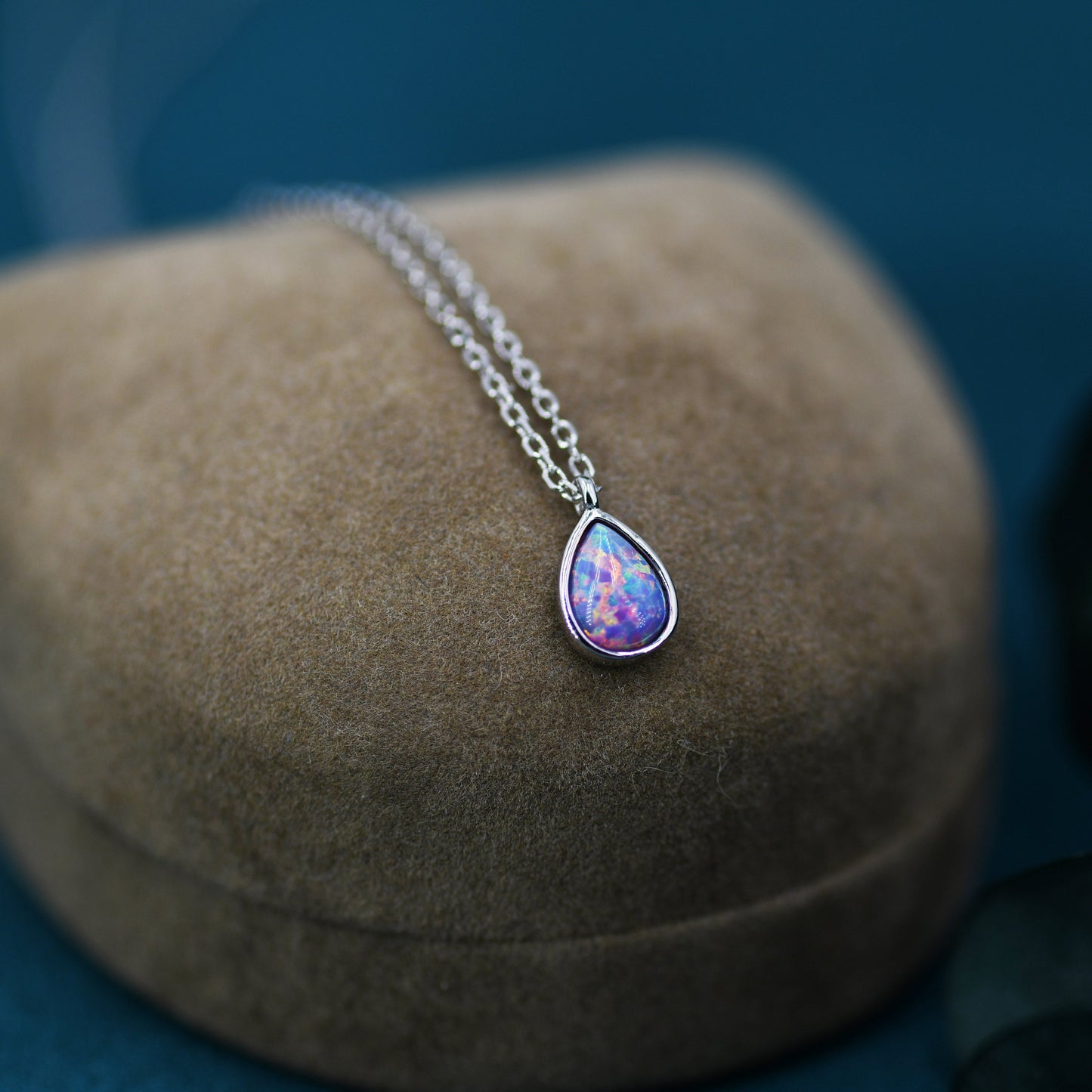 Droplet Purple Opal Pendant Necklace in Sterling Silver, Lab Opal Necklace, Pear Shape Opal Necklace, Fire Opal Necklace