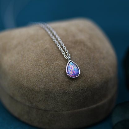Droplet Purple Opal Pendant Necklace in Sterling Silver, Lab Opal Necklace, Pear Shape Opal Necklace, Fire Opal Necklace