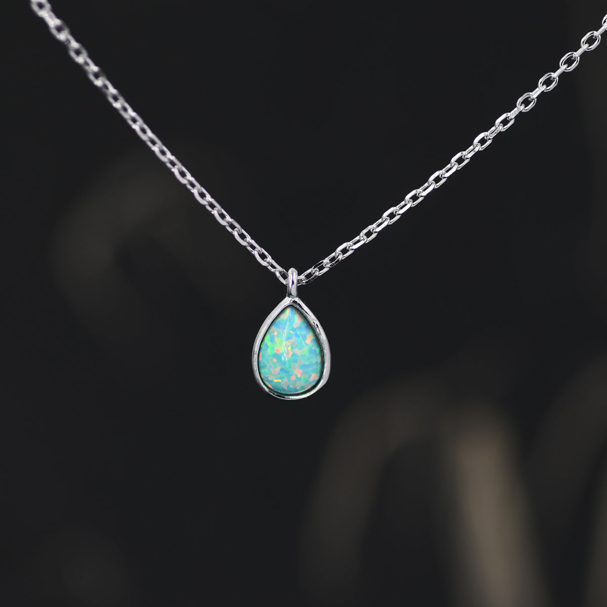 Green Opal Droplet Pendant Necklace in Sterling Silver, Lab Opal Necklace, Pear Shape Opal Necklace, Fire Opal Necklace