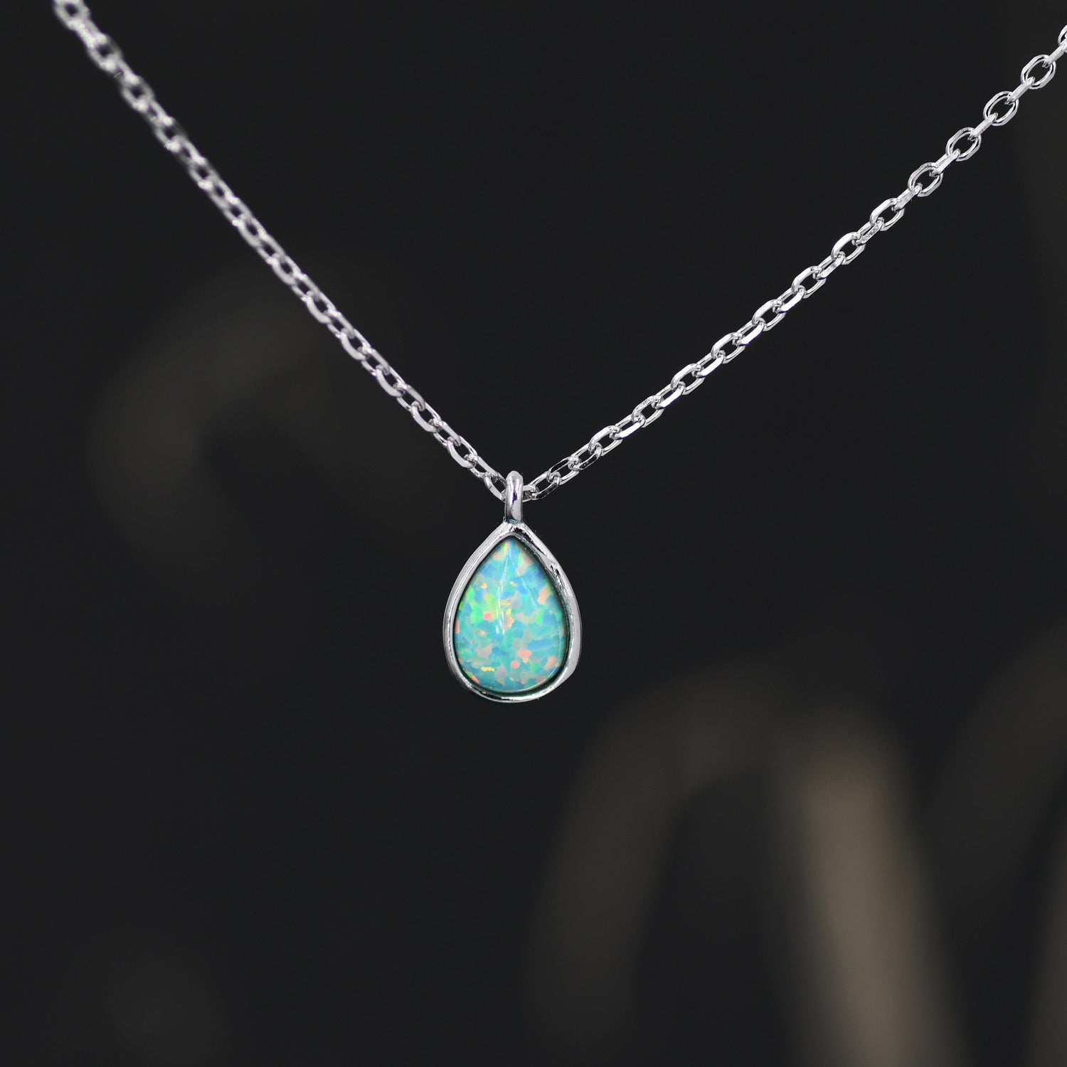 Green Opal Droplet Pendant Necklace in Sterling Silver, Lab Opal Necklace, Pear Shape Opal Necklace, Fire Opal Necklace