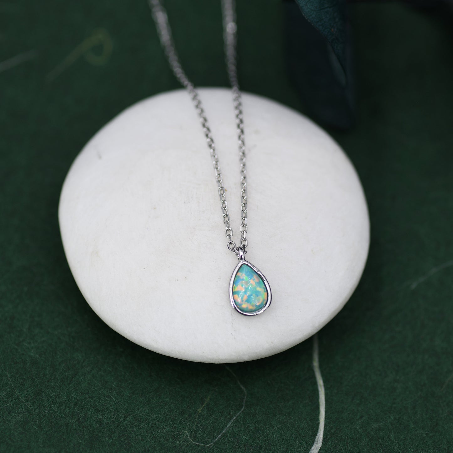 Green Opal Droplet Pendant Necklace in Sterling Silver, Lab Opal Necklace,  Pear Shape Opal Necklace, Fire Opal Necklace