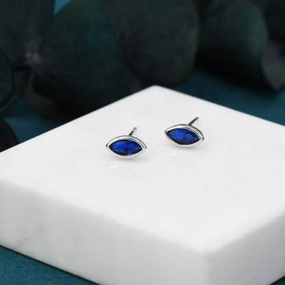 Sapphire Blue Marquise Stud Earrings in Sterling Silver, 3x6mm Simulated Sapphire, Silver or Gold, September Birthstone