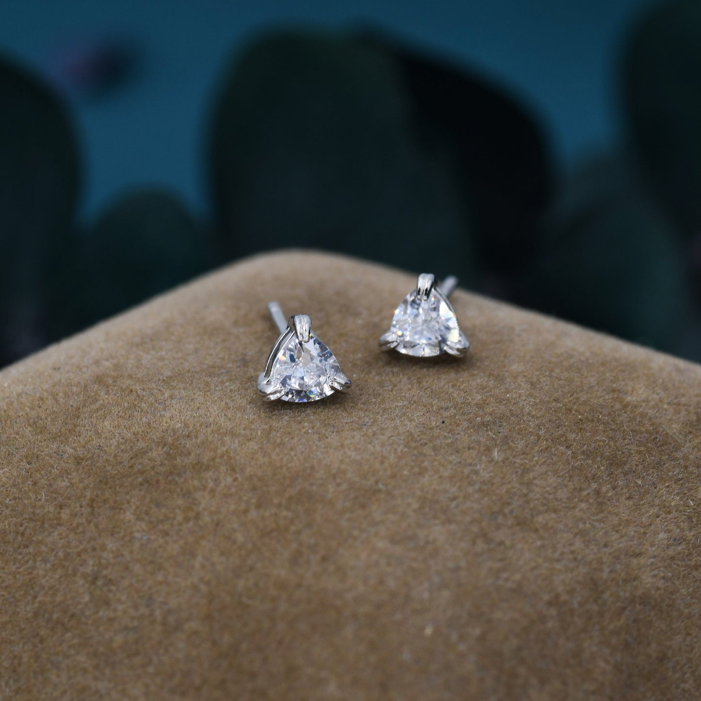 Trillion Cut CZ Stud Earrings in Sterling Silver, Silver or Gold, Trillion Cut Zirconia Earings, Double Pronged, Tiny CZ Stud