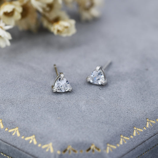 Trillion Cut CZ Stud Earrings in Sterling Silver, Silver or Gold, Trillion Cut Zirconia Earings, Double Pronged, Tiny CZ Stud