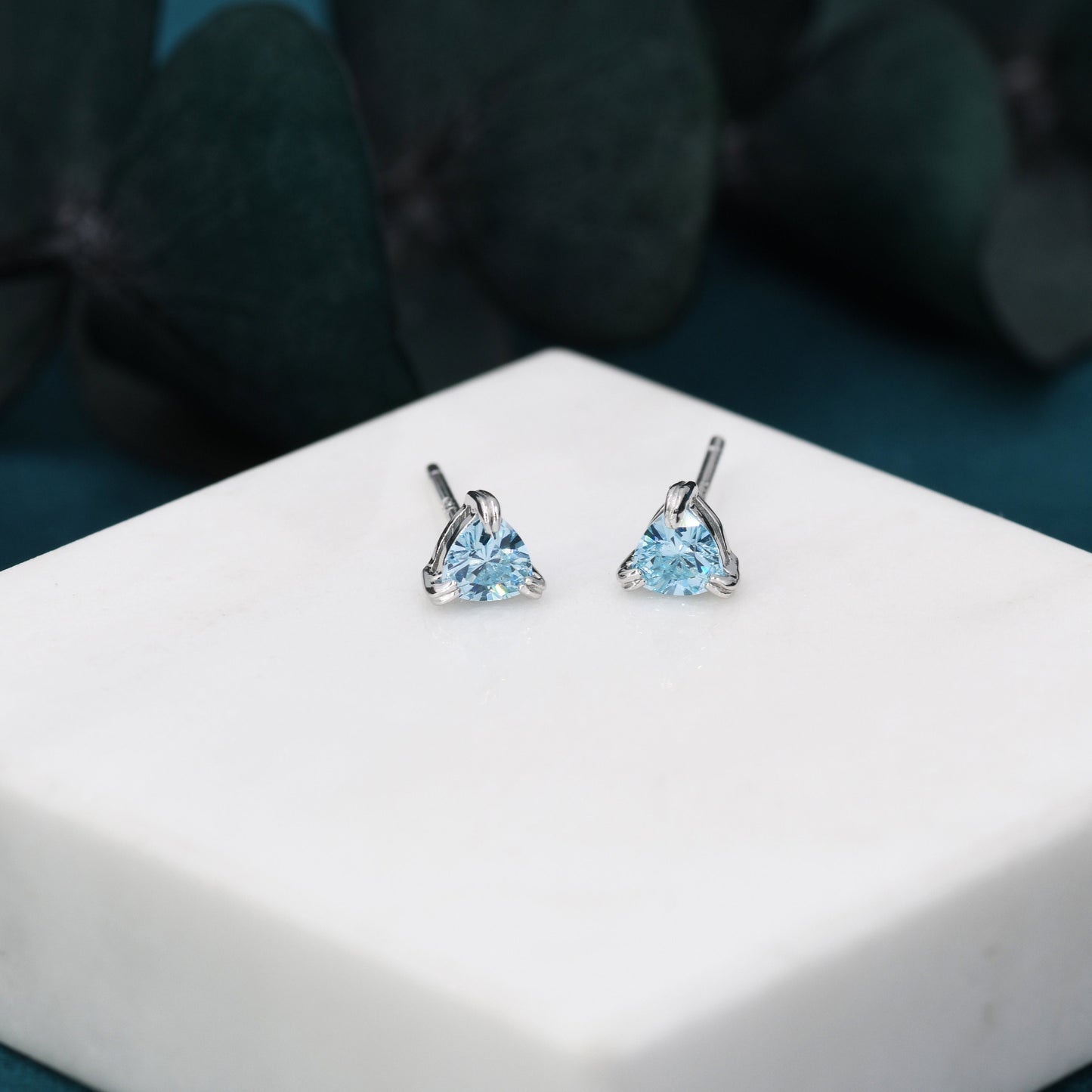 Trillion Cut Topaz Blue CZ Stud Earrings in Sterling Silver,  Trillion Cut Blue Zirconia Earrings, Double Pronged, Tiny CZ Stud