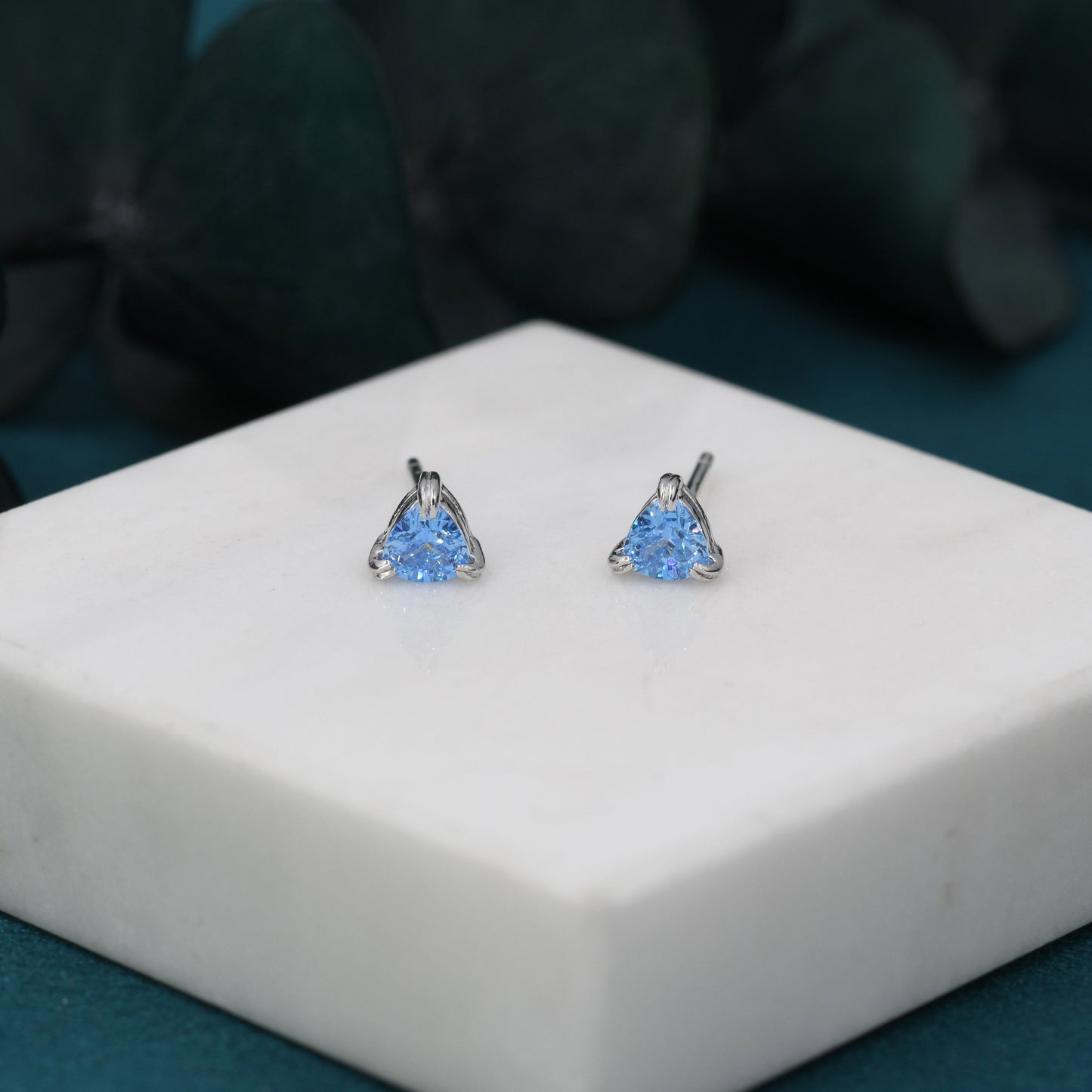 Trillion Cut Aquamarine Blue CZ Stud Earrings in Sterling Silver, Silver or Gold, Trillion Cut Zirconia Earrings, Double Pronged, Tiny Stud