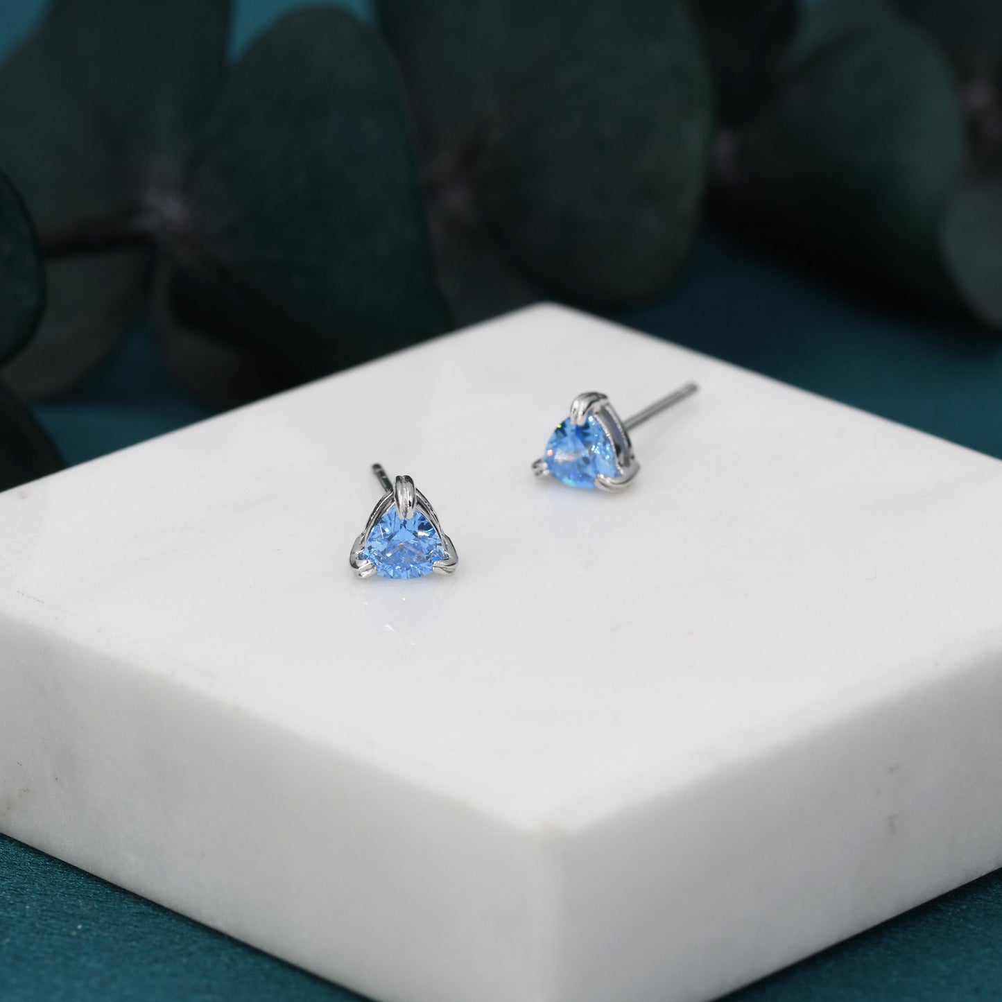 Trillion Cut Aquamarine Blue CZ Stud Earrings in Sterling Silver, Silver or Gold, Trillion Cut Zirconia Earrings, Double Pronged, Tiny Stud