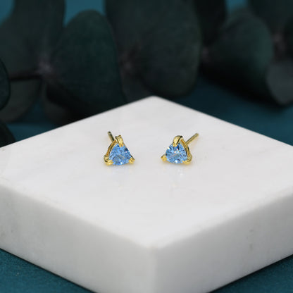 Trillion Cut Aquamarine Blue CZ Stud Earrings in Sterling Silver, Silver or Gold, Trillion Cut Zirconia Earrings, Double Pronged, Tiny Stud