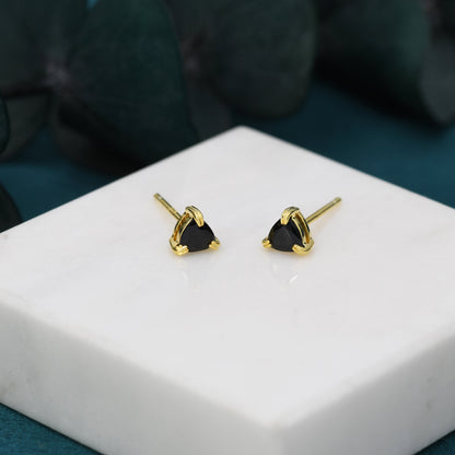 Trillion Cut Black CZ Stud Earrings in Sterling Silver,, Silver or Gold, Trillion Cut Black Zirconia Earrings, Double Pronged