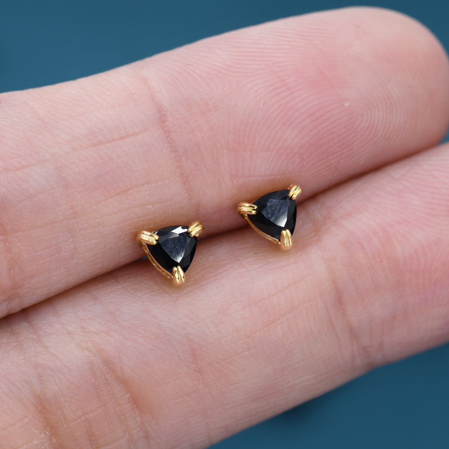 Trillion Cut Black CZ Stud Earrings in Sterling Silver,, Silver or Gold, Trillion Cut Black Zirconia Earrings, Double Pronged