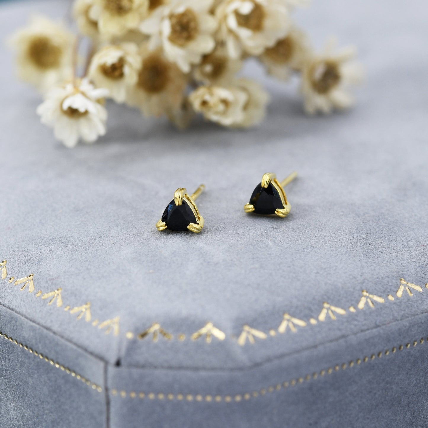 Trillion Cut Black CZ Stud Earrings in Sterling Silver,, Silver or Gold, Trillion Cut Black Zirconia Earrings, Double Pronged