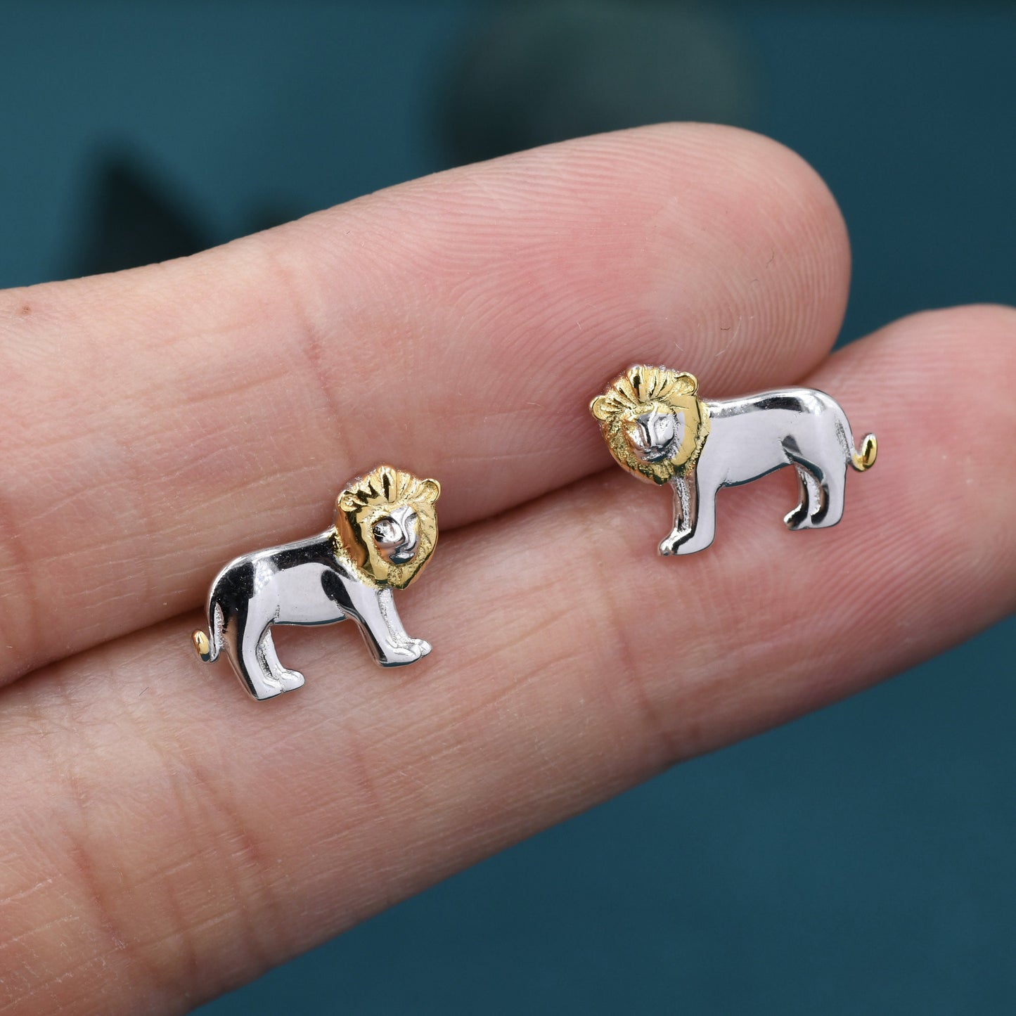 Tiny Little Lion Stud Earrings in Sterling Silver - Two Tone Gold and Silver Earrings - Cute Animal Earrings -  Fun, Whimsical