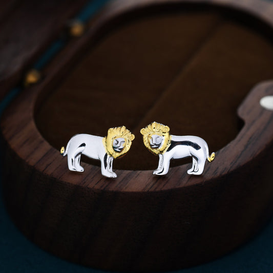 Tiny Little Lion Stud Earrings in Sterling Silver - Two Tone Gold and Silver Earrings - Cute Animal Earrings -  Fun, Whimsical