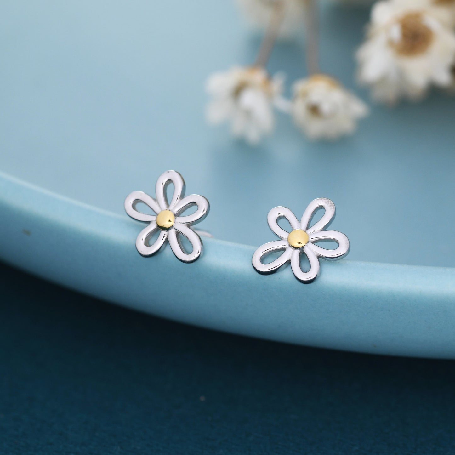 Dainty Forget-me-not Flower Stud Earrings in Sterling Silver - Floral Blossom Flower Stud Earrings -  Nature Inspired