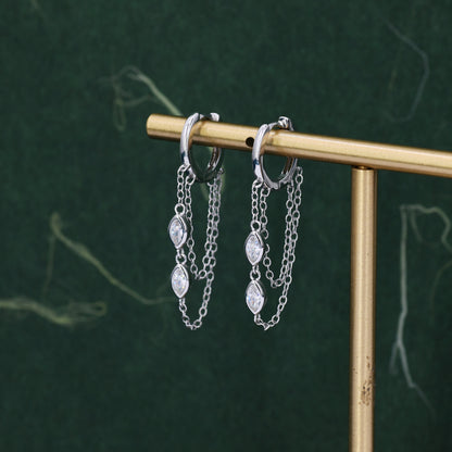 Marquise CZ Crystal Chain Hoops Earring in Sterling Silver - Silver or Gold, CZ Dangle Chained Huggie Hoops