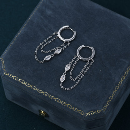 Marquise CZ Crystal Chain Hoops Earring in Sterling Silver - Silver or Gold, CZ Dangle Chained Huggie Hoops