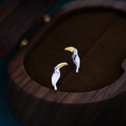 Tiny Toucan Bird Stud Earrings in Sterling Silver, Silver and 18ct Gold, Bird Stud Earrings, Nature Inspired Animal Earrings