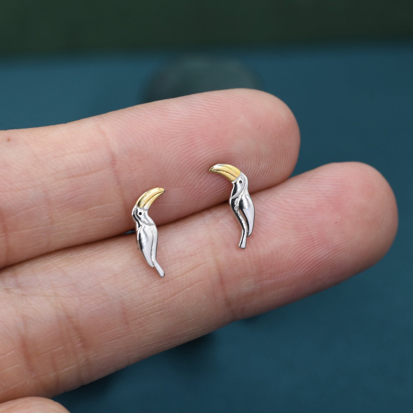 Tiny Toucan Bird Stud Earrings in Sterling Silver, Silver and 18ct Gold, Bird Stud Earrings, Nature Inspired Animal Earrings