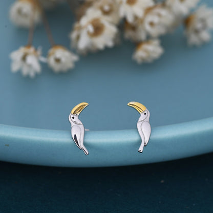 Tiny Toucan Bird Stud Earrings in Sterling Silver, Silver and 18ct Gold, Bird Stud Earrings, Nature Inspired Animal Earrings