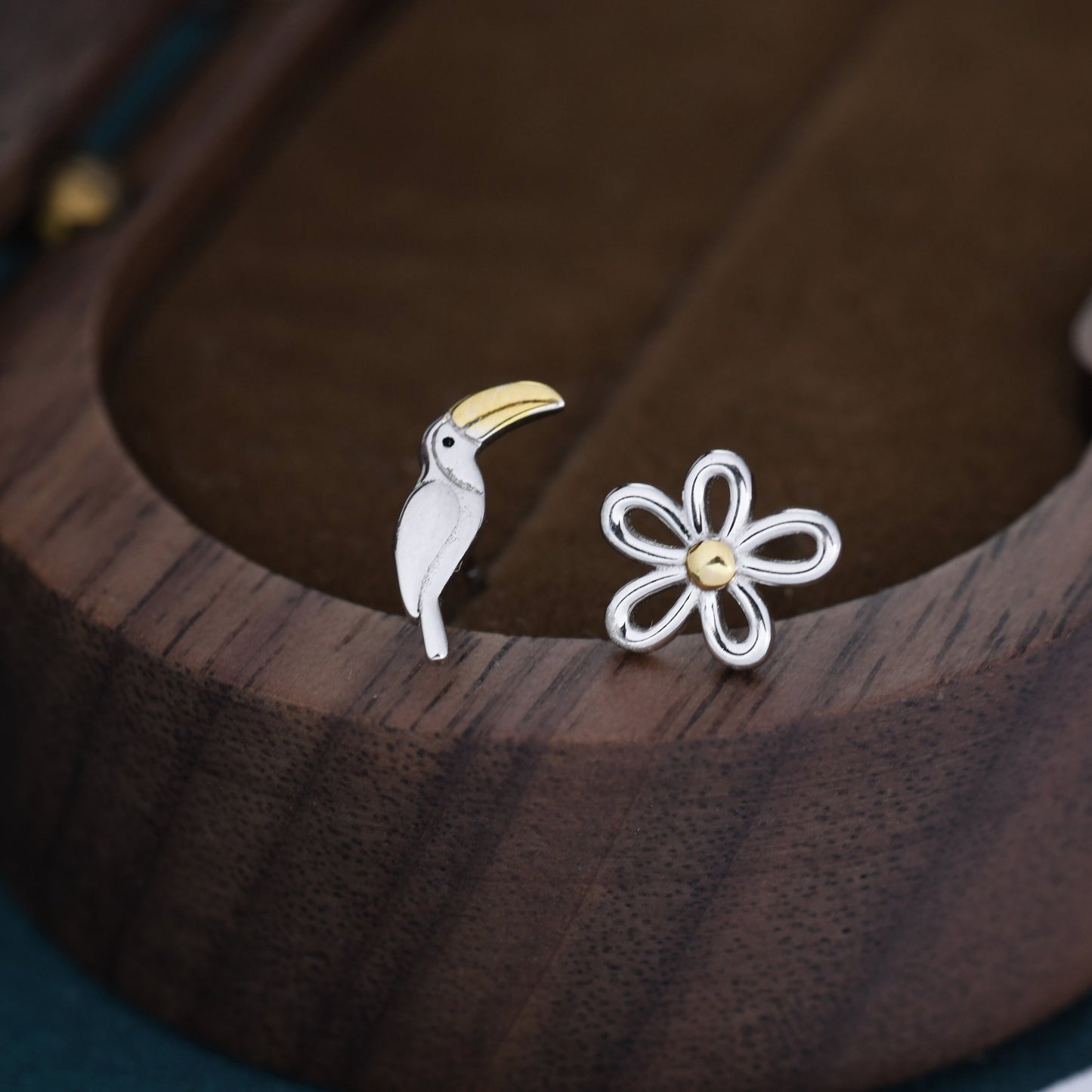 Mismatched Toucan and Flower Stud Earrings in Sterling Silver, Asymmetric Toucan Bird and Daisy Earrings