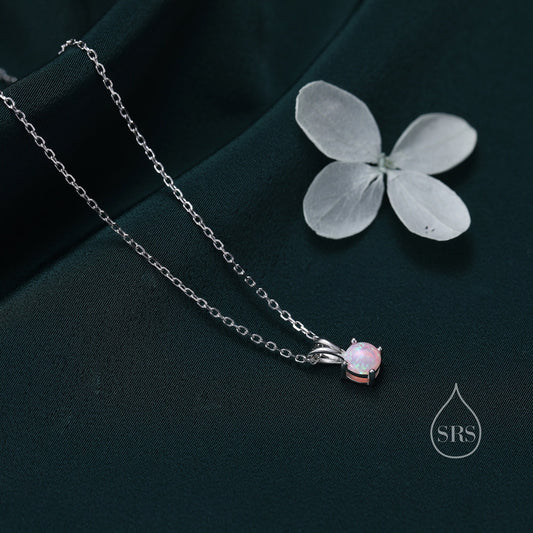 Tiny Pink Opal Pendant Necklace in Sterling Silver, 5mm Lab Opal Necklace, Single Opal Necklace, Fire Opal Necklace