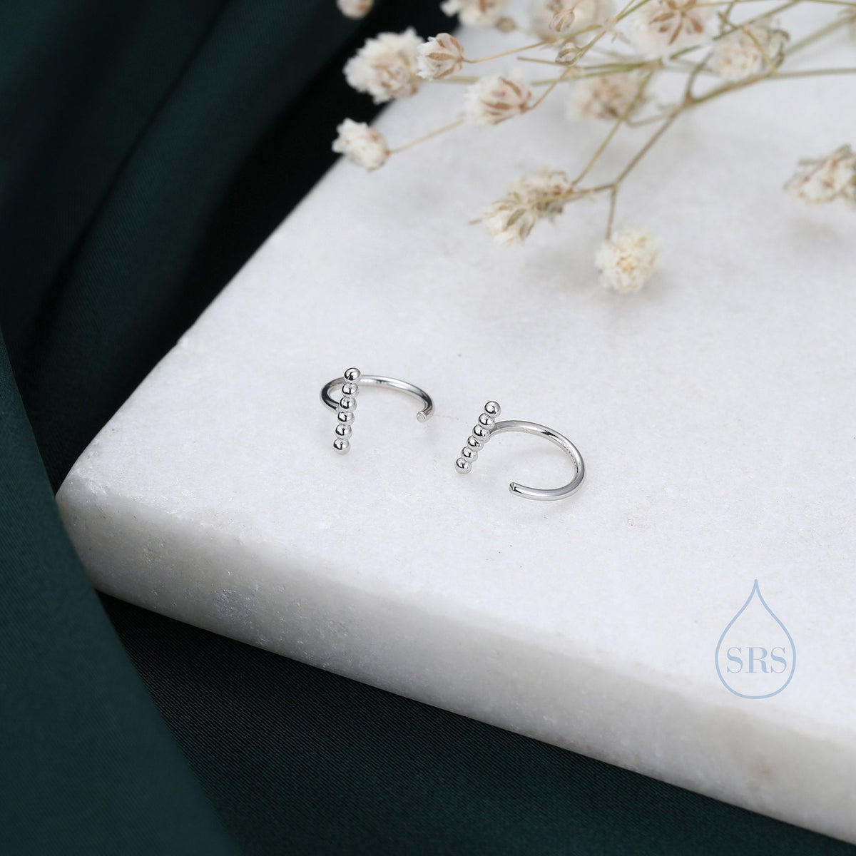 Beaded Bar Open Huggie Hoops in Sterling Silver, Pebble Bar Open Hoops, Bauble Bar Earrings, Silver or Gold or Rose Gold, Bar Earrings