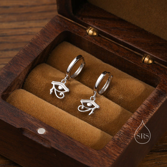 Eye of Horus Huggie Hoop Earrings in Sterling Silver, Silver or Gold or Rose Gold, Ancient Egypt Inspired Earrings, Egyptian Eye Earrings