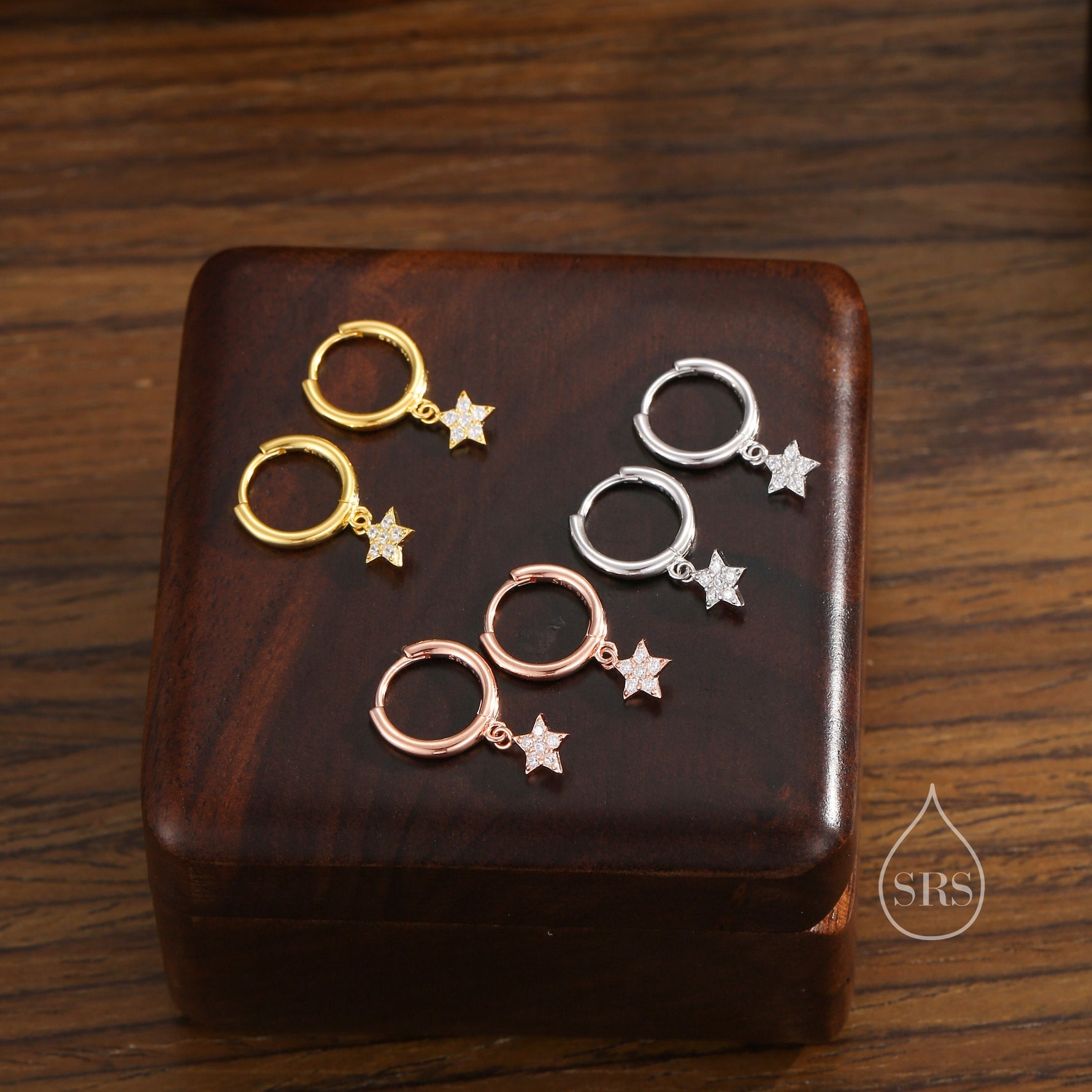 Delicate CZ Star Huggie Hoop Earrings in Sterling Silver, Silver, Gold or Rose Gold, North Star Earrings, Sunburst Earrings, Celestial