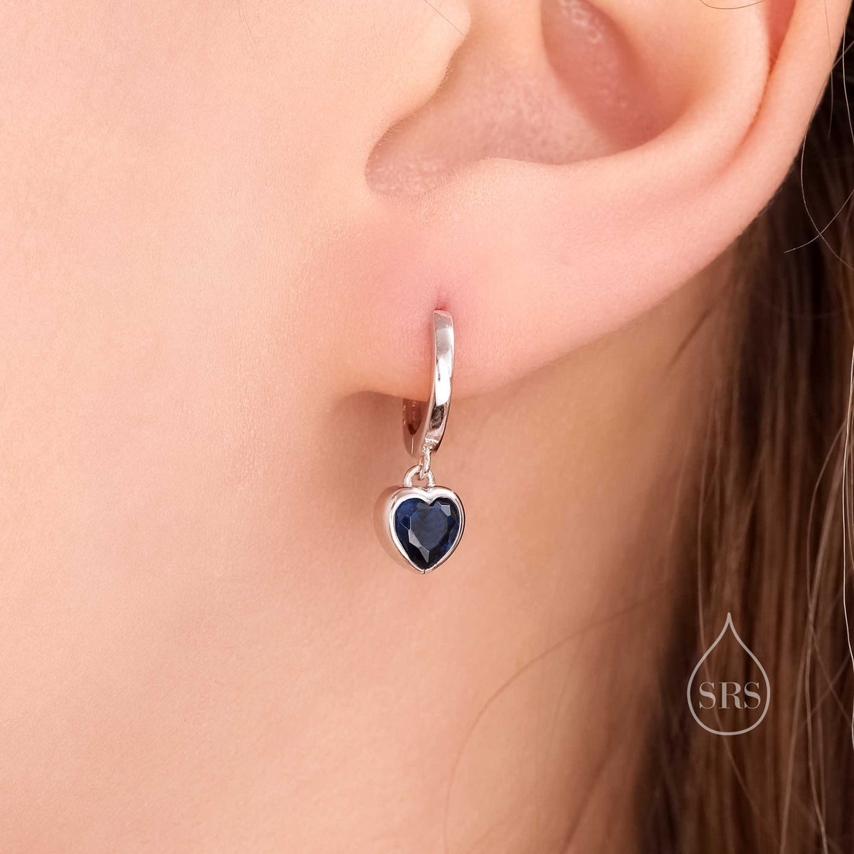 Sapphire Blue CZ Heart Huggie Hoop in Sterling Silver, Silver or Gold, 8mm Inner Diameter, Stacking Earrings, September Birthstone