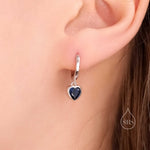 Sapphire Blue CZ Heart Huggie Hoop in Sterling Silver, Silver or Gold, 8mm Inner Diameter, Stacking Earrings, September Birthstone