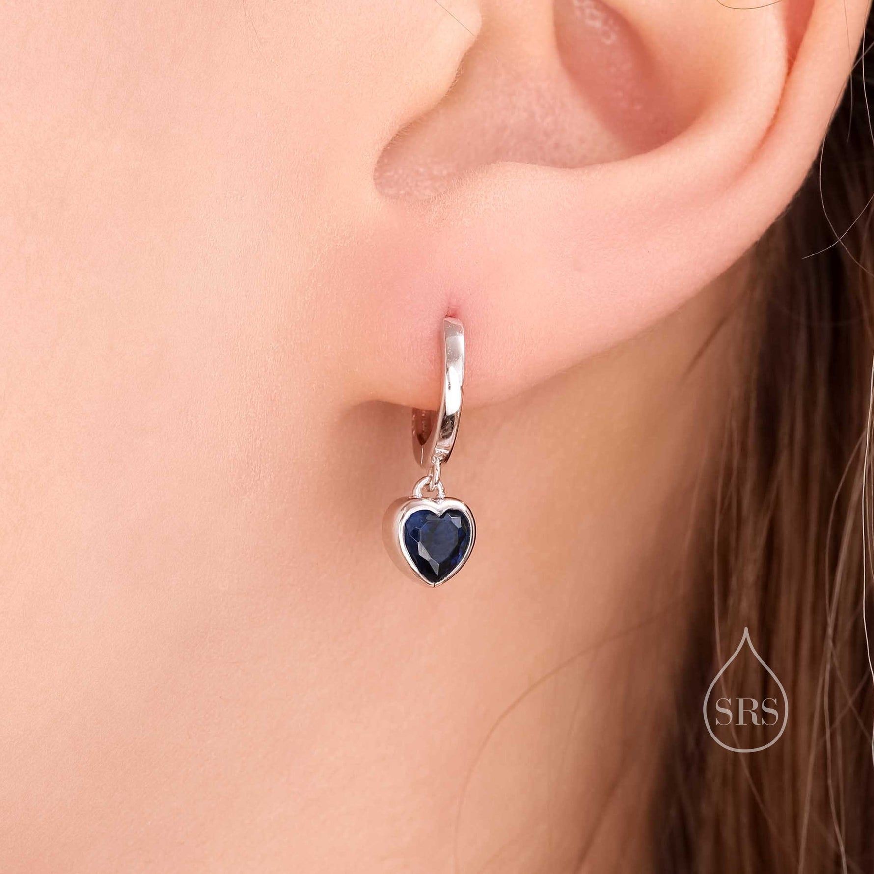 Sapphire Blue CZ Heart Huggie Hoop in Sterling Silver, Silver or Gold, 8mm Inner Diameter, Stacking Earrings, September Birthstone