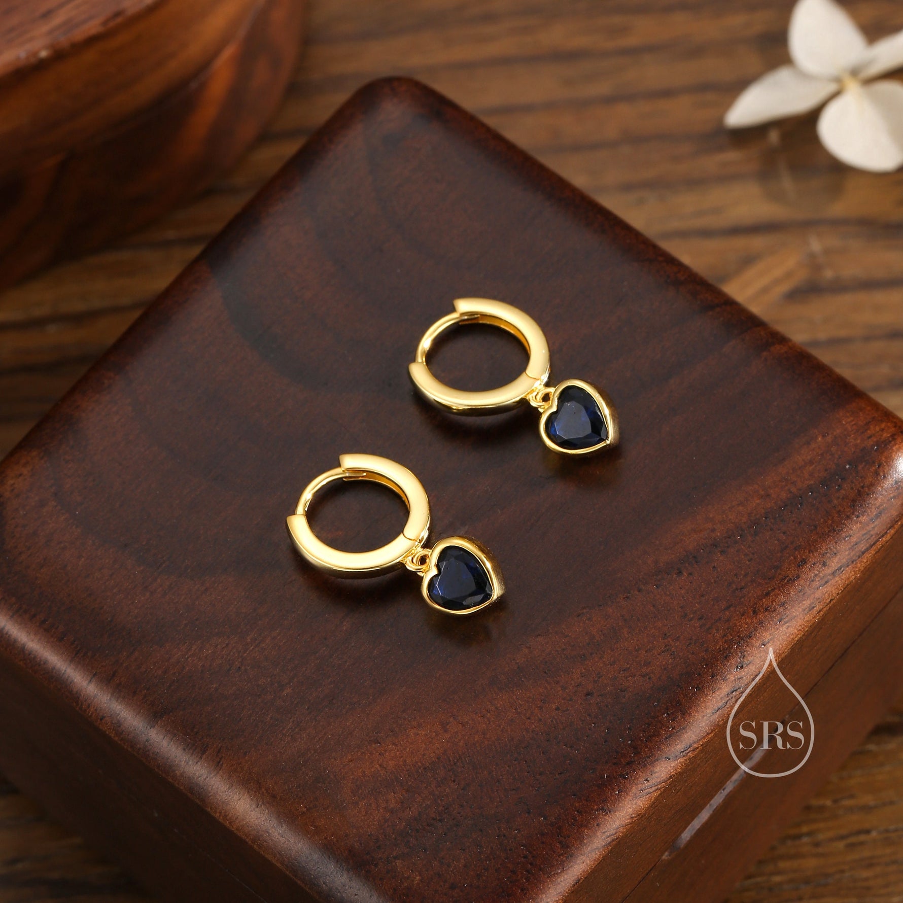 Sapphire Blue CZ Heart Huggie Hoop in Sterling Silver, Silver or Gold, 8mm Inner Diameter, Stacking Earrings, September Birthstone