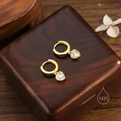 Dainty CZ Heart Huggie Hoop in Sterling Silver, Silver or Gold, 8mm Inner Diameter, Stacking Earrings, April Birthstone