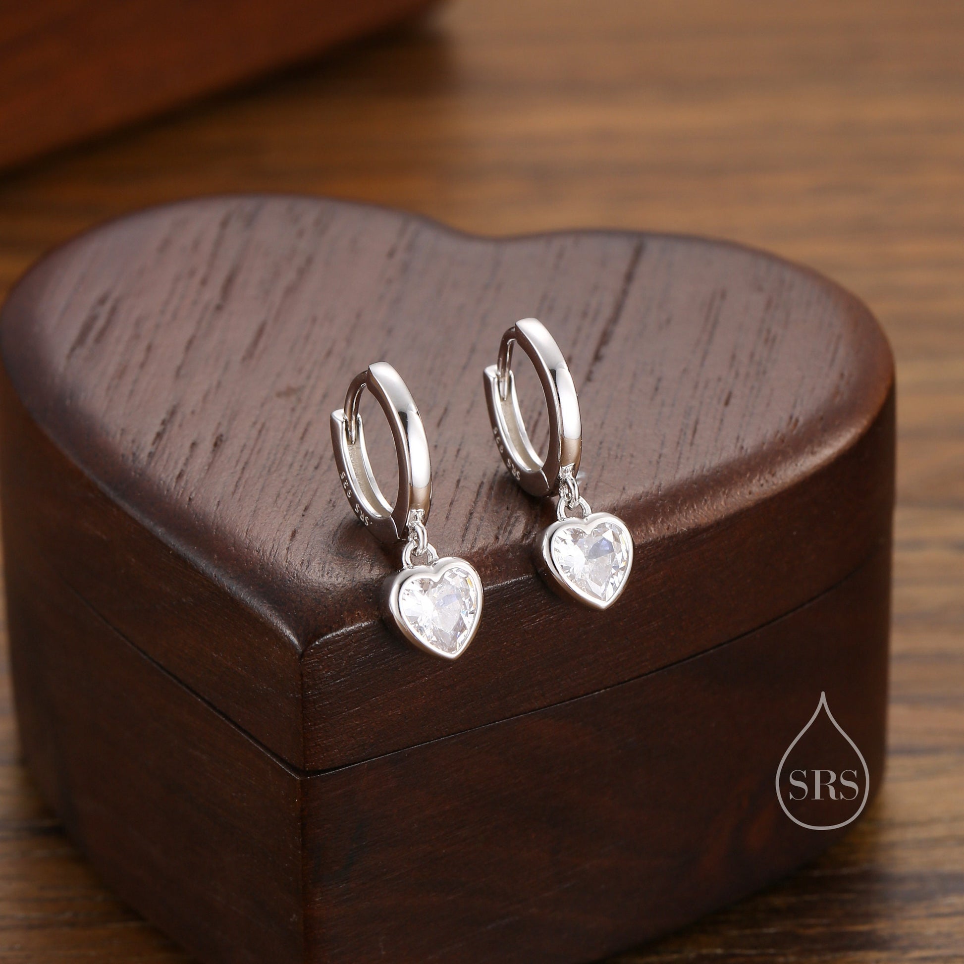 Dainty CZ Heart Huggie Hoop in Sterling Silver, Silver or Gold, 8mm Inner Diameter, Stacking Earrings, April Birthstone