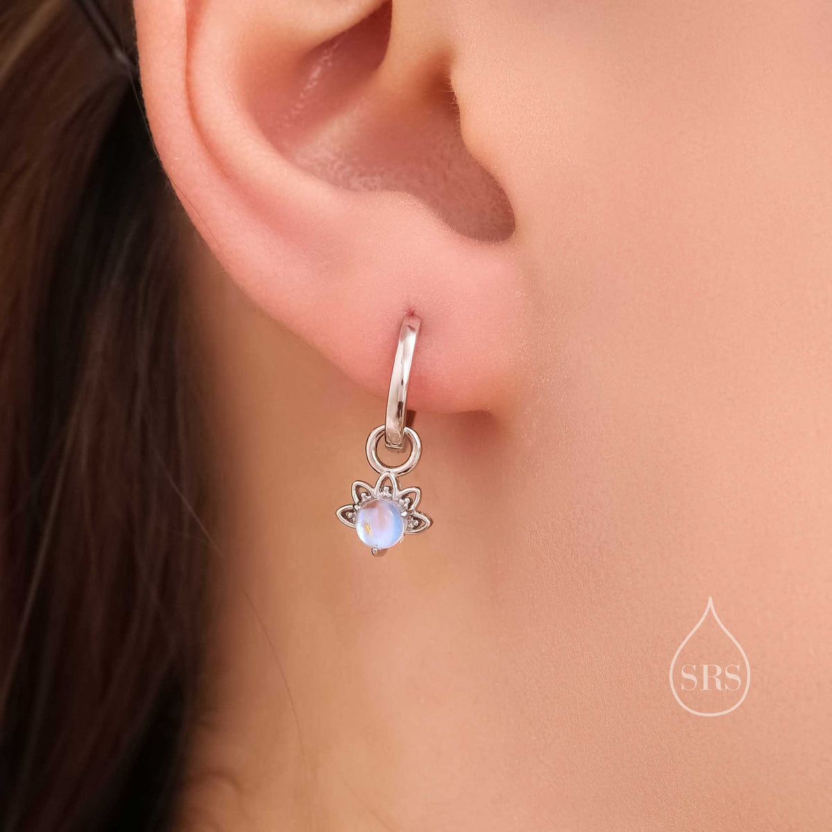 Sterling Silver Moonstone Crown Huggie Hoop Earrings, Prong Set, Mermaid Colour Earrings, Simulated Moonstone Glass Earrings, Minimalist