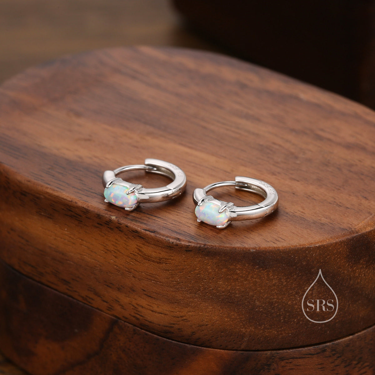 Oval White Opal Huggie Hoop Earrings in Sterling Silver, Silver or Gold, Opal Lever Hoops, Opal Hoops, Simulated Opal Hoops