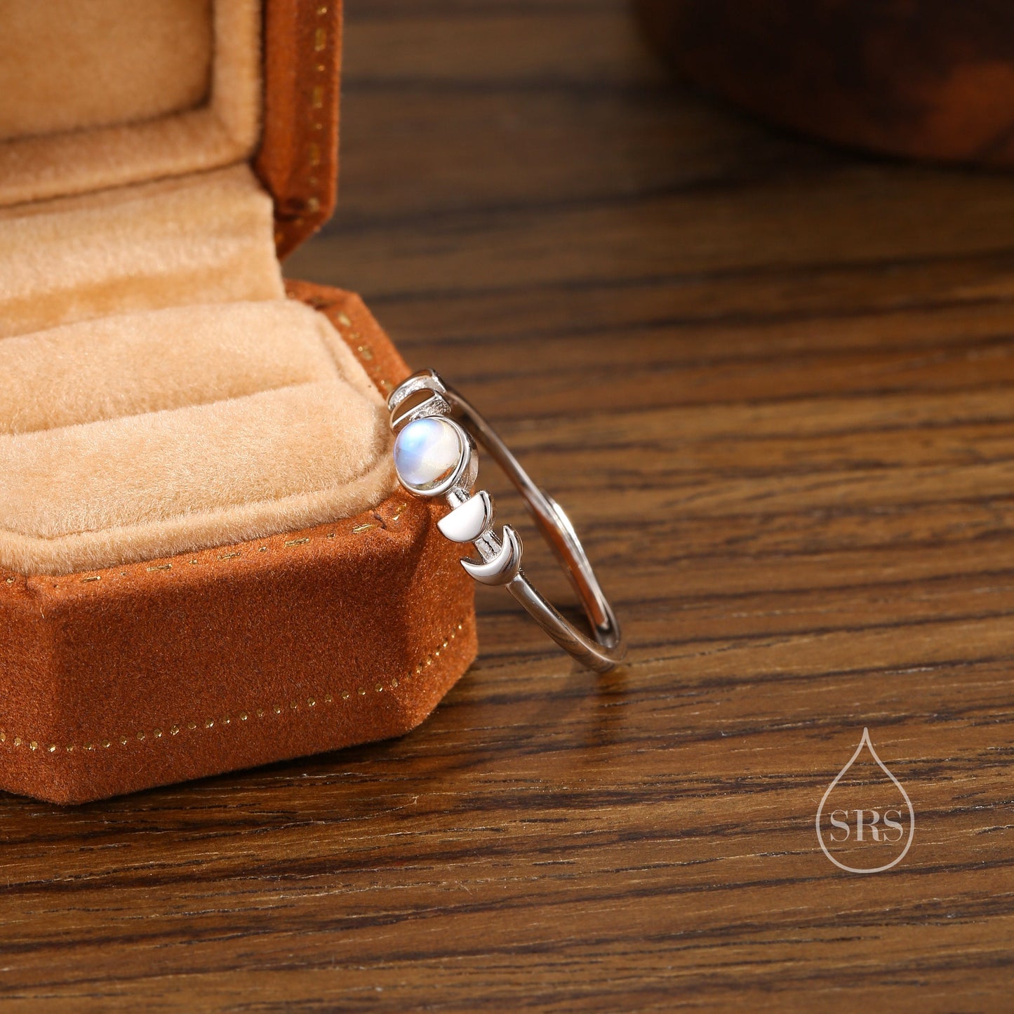 Sterling Silver Moon Phase Ring with Simulated Moonstone, Adjustable Size, Celestial Jewellery, Dainty and Delicate, Moon Ring