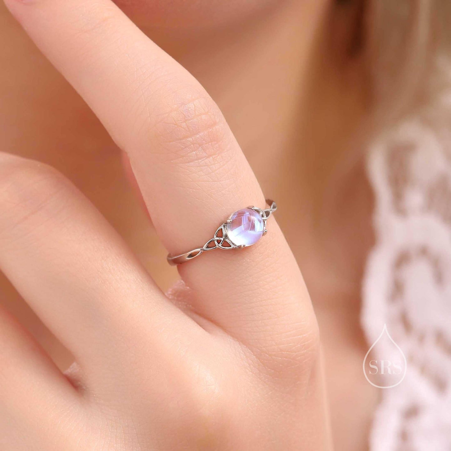 Sterling Silver Celtic Knot Ring with Simulated Moonstone, Adjustable Size, Celestial Jewellery, Dainty and Delicate, Moon Ring