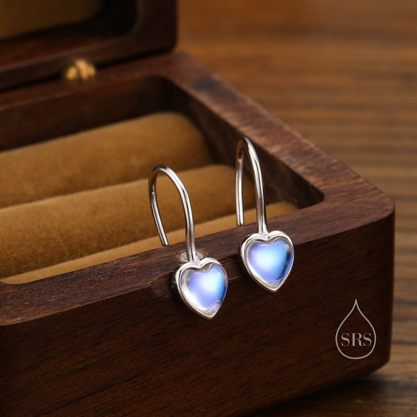 Moonstone Heart Drop Hook Earrings in Sterling Silver, Delicate Heart Earrings, Moonstone Heart Earrings