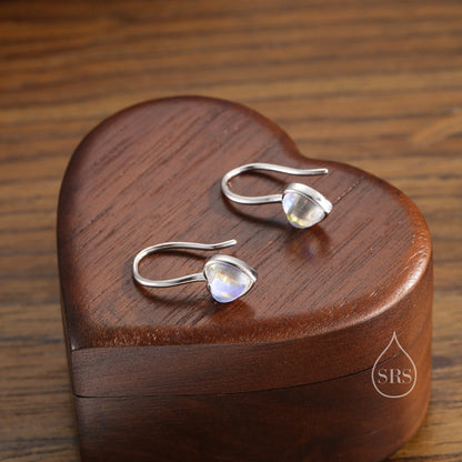 Moonstone Heart Drop Hook Earrings in Sterling Silver, Delicate Heart Earrings, Moonstone Heart Earrings