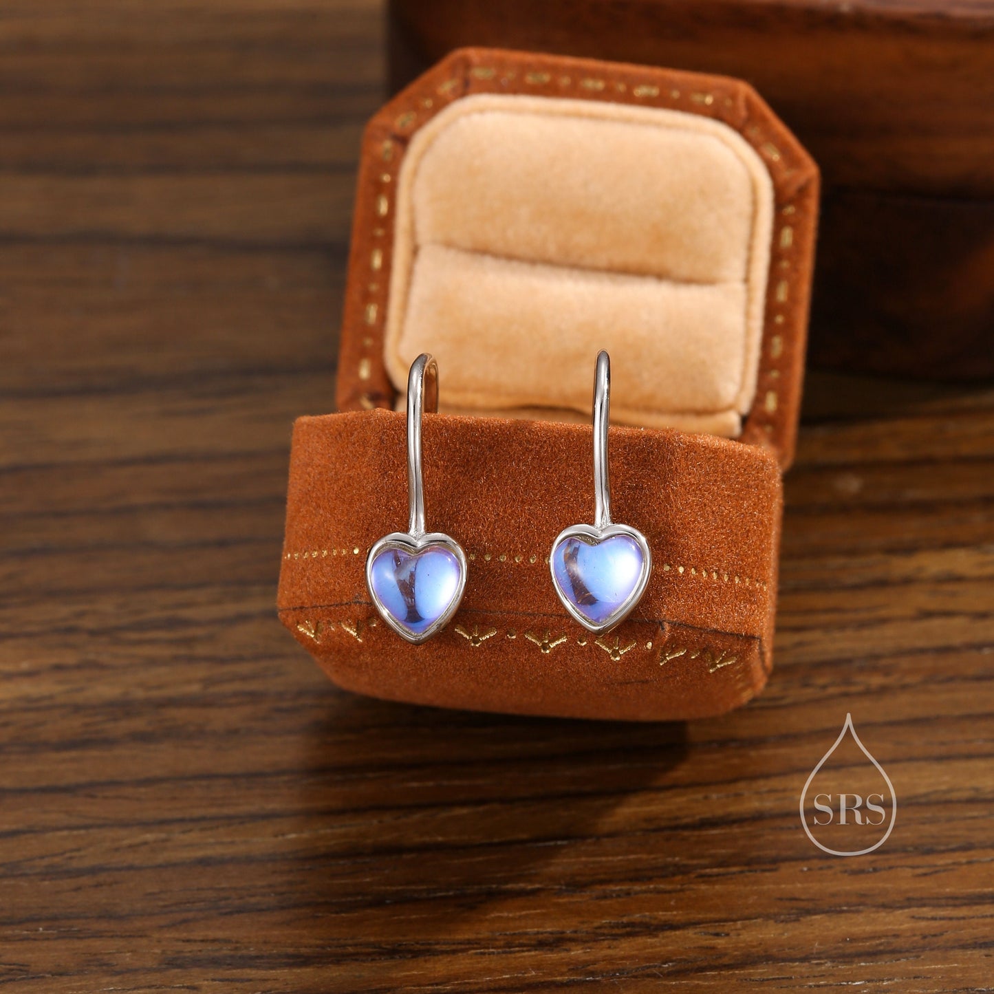 Moonstone Heart Drop Hook Earrings in Sterling Silver, Delicate Heart Earrings, Moonstone Heart Earrings