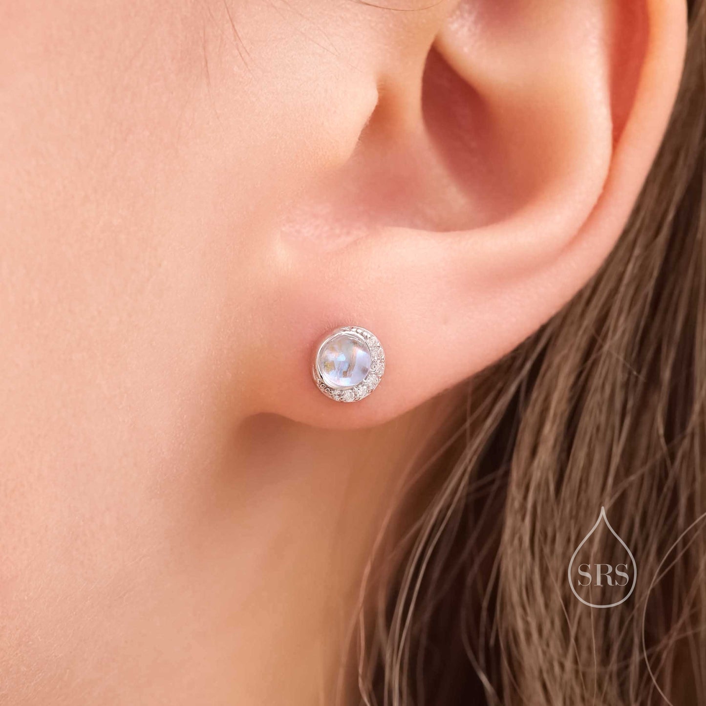 Moon Phase Moonstone Stud Earrings in Sterling Silver, Silver or Gold or Rose Gold, Delicate Moon Earrings, Moonstone Earrings, Celestial