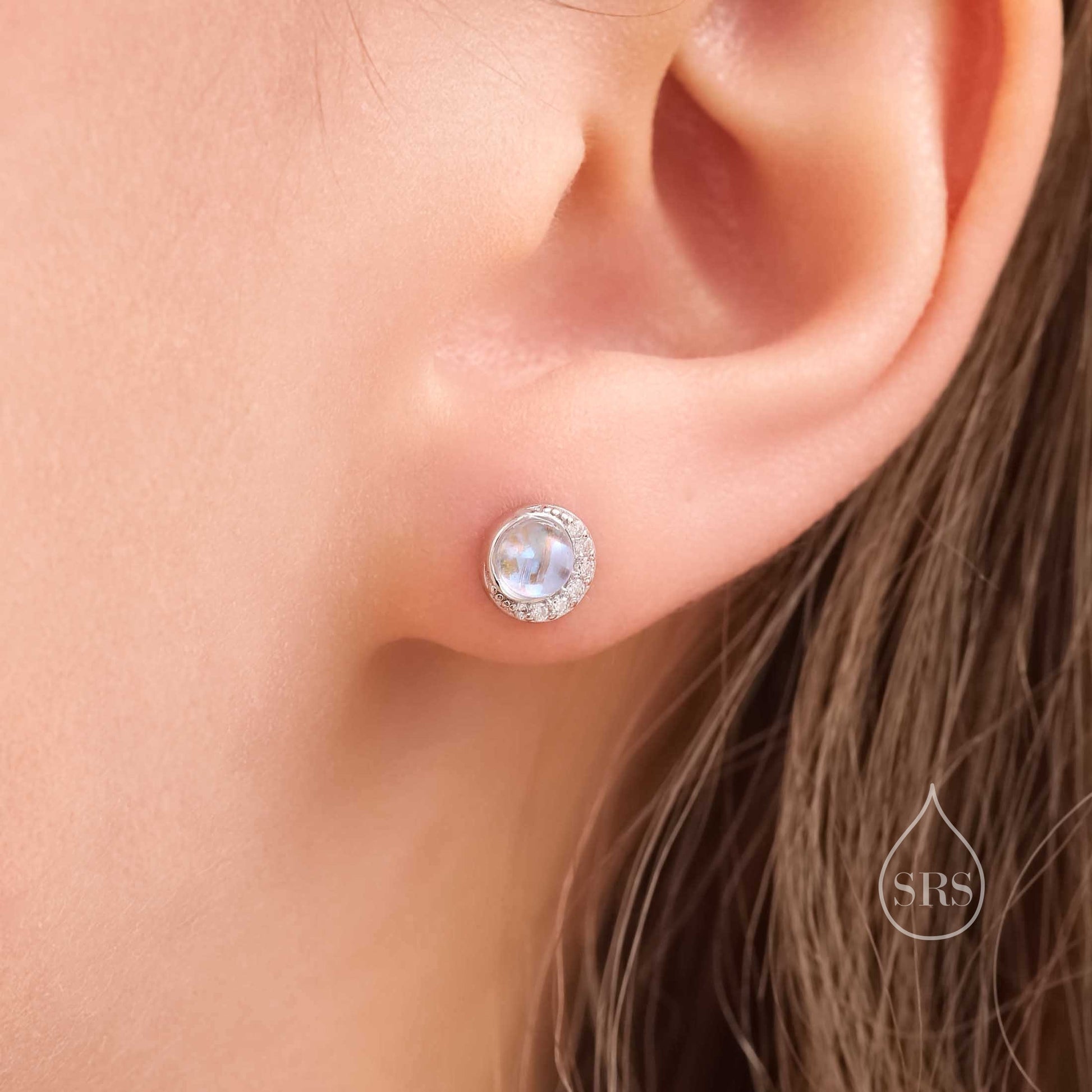 Moon Phase Moonstone Stud Earrings in Sterling Silver, Silver or Gold or Rose Gold, Delicate Moon Earrings, Moonstone Earrings, Celestial