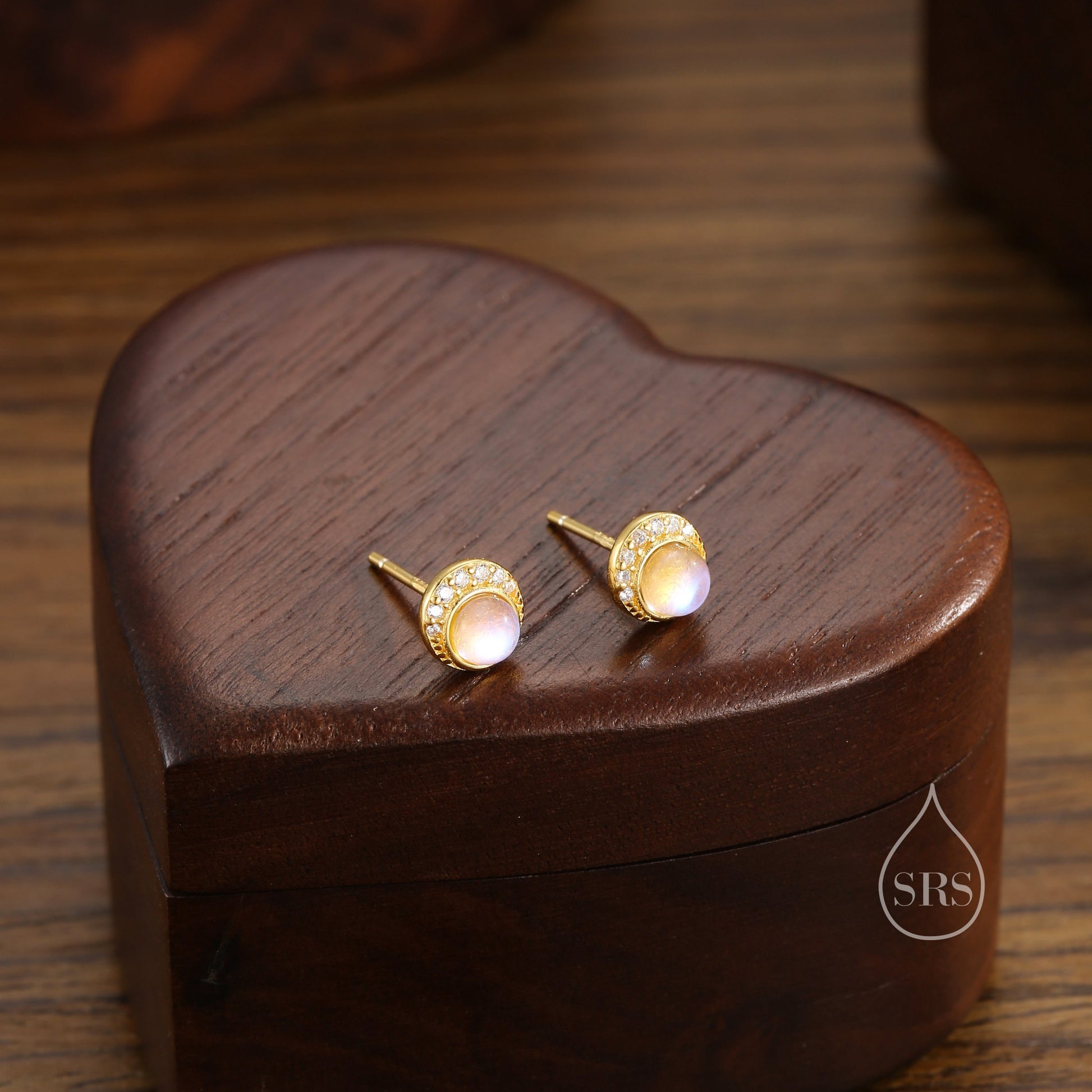 Moon Phase Moonstone Stud Earrings in Sterling Silver, Silver or Gold or Rose Gold, Delicate Moon Earrings, Moonstone Earrings, Celestial